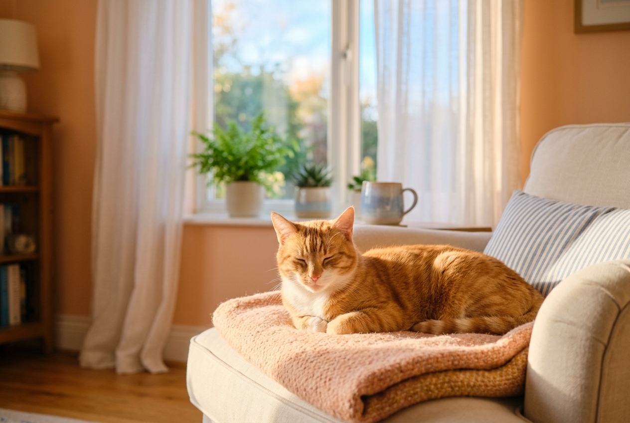 AMOR FELINE in a warm, sunny home with a happy cat
