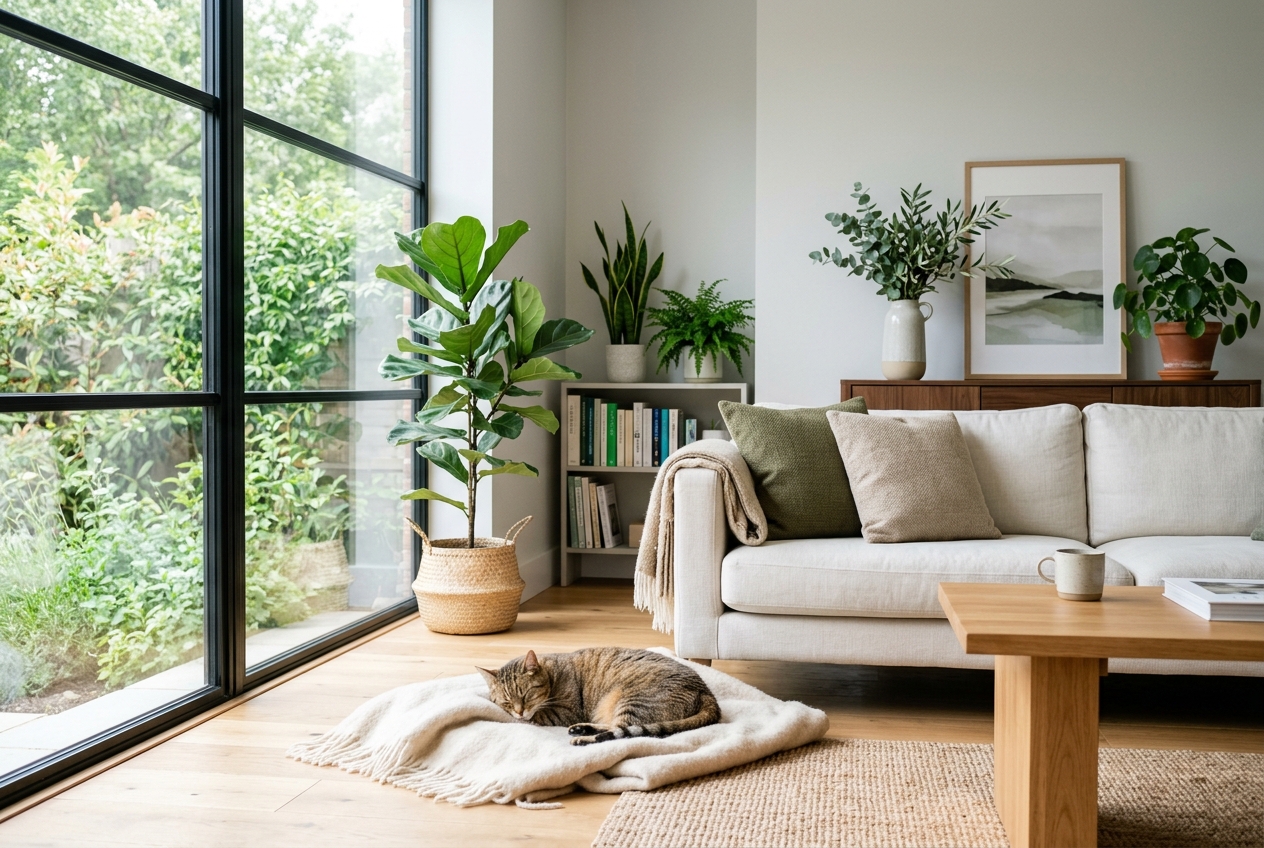 A content cat relaxing in a fresh, clean home